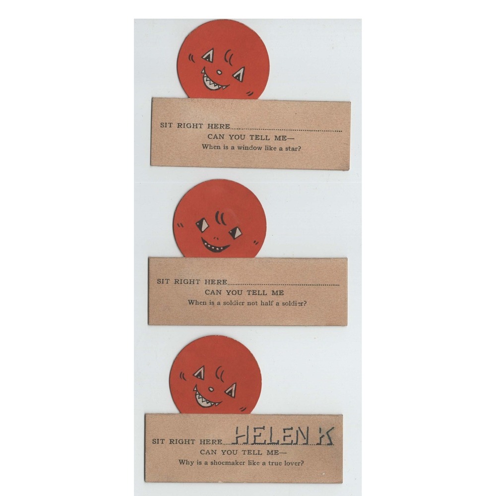 Vintage Mechanical Riddle Place Cards Red Sun Face Novelty Ephemera Set of 3 - Picture 1 of 11